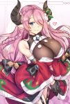  1girl black_bow black_gloves blue_eyes bow braid breasts christmas cleavage closed_mouth crown_braid dress gloves granblue_fantasy hair_bow hair_ornament hair_over_one_eye heart highres horns huge_breasts long_hair looking_at_viewer low-tied_long_hair narmaya_(granblue_fantasy) pink_hair pointy_ears pom_pom_(clothes) red_dress santa_costume shirokuma_a smile solo thigh_strap v_arms 