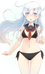  1girl ass_visible_through_thighs bangs bikini black_bikini black_sailor_collar blue_eyes blue_hair crossed_bangs eyebrows_visible_through_hair floating_hair hair_between_eyes hibiki_(kantai_collection) highres kantai_collection long_hair looking_at_viewer matsunoki_(unknown_751) navel necktie parted_lips red_neckwear sailor_collar side-tie_bikini smile solo standing swimsuit thigh_gap very_long_hair 