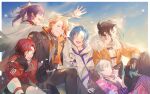  6+boys arms_behind_head axel_syrios banzoin_hakka black_gloves black_hair black_pants black_shorts blonde_hair blue_eyes blue_hair blue_skin braid chul_(pacifique) coat collar colored_skin cropped_jacket diamond_choker earrings feather_hair_ornament feathers gavis_bettel gloves grey_hair hair_ornament highres holostars holostars_english holotempus hood hoodie jacket jewelry josuiji_shinri lapels layered_sleeves long_hair long_sleeves looking_at_viewer machina_x_flayon male_focus multicolored_coat multicolored_hair multicolored_skin multiple_boys notched_lapels open_mouth orange_collar orange_jacket pants petals pink_eyes pink_hair ponytail purple_hair red_coat red_hair regis_altare scarf short_hair short_over_long_sleeves short_sleeves shorts side_braid sitting sky smile streaked_hair striped_coat tassel tassel_earrings torn_clothes torn_pants vertical-striped_coat virtual_youtuber waving white_hoodie white_scarf 
