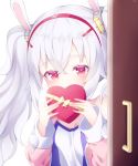  1girl animal_ears azur_lane bangs bare_shoulders blush box breasts bunny_ears camisole commentary_request covered_mouth door eyebrows_visible_through_hair gift gift_box hair_between_eyes hair_ornament hairband heart-shaped_box holding holding_gift jacket koko_ne_(user_fpm6842) laffey_(azur_lane) long_hair off_shoulder open_clothes open_door open_jacket pink_jacket red_eyes red_hairband silver_hair simple_background small_breasts solo twintails white_background white_camisole 