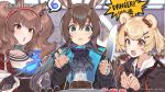  3girls absurdres amiya_(arknights) angelina_(arknights) animal_ears arknights ascot bear_ears blonde_hair blue_eyes blue_fire blurry brown_hair bunny_ears chocolate choker commentary copyright_name english_commentary fire fox_ears gloves gummy_(arknights) hair_ornament hairband hairclip highres holding holding_knife jacket jewelry knife long_hair looking_at_viewer multiple_girls multiple_rings official_art open_clothes open_jacket open_mouth red_eyes ring skull_and_crossbones speech_bubble teshima_nari twintails valentine watermark wavy_mouth 