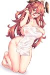  1girl :d blush breasts brown_eyes collarbone covering dragalia_lost dutch_angle full_body hair_between_eyes hair_ornament highres kneeling large_breasts long_hair looking_at_viewer mym_(dragalia_lost) naked_towel nude open_mouth red_hair shiny shiny_skin shirokuma_a smile solo towel 