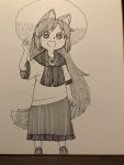  1girl :d animal_ear_fluff animal_ears blouse blush eyebrows_visible_through_hair greyscale hand_on_headwear hand_up hat highres imaizumi_kagerou long_hair looking_at_viewer monochrome open_mouth poronegi scarf shoes skirt smile standing sun_hat tail touhou very_long_hair wolf_ears wolf_tail younger 