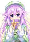  1girl adult_neptune artist_name bangs beret binato_lulu blush box checkered checkered_hat checkered_jacket choujigen_game_neptune covering_mouth eyebrows_visible_through_hair gift gift_box hair_between_eyes hair_flaps hat holding holding_gift jacket long_hair long_sleeves looking_at_viewer neptune_(series) pink_hair purple_eyes purple_hair shiny shiny_hair sidelocks solo sweater upper_body valentine white_sweater 