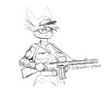  5_fingers anthro big_breasts black_and_white breasts canid canine canis clothed clothing crossgender eyewear female fifa fingers goggles gun hat headgear headwear hi_res looking_away mammal mascot monochrome nezari ppsh-41 ranged_weapon simple_background sketch soldier submachine_gun trigger_discipline uniform warrior weapon white_background wolf zabivaka 