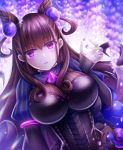  1girl amanoizu amethyst_(gemstone) bangs black_dress blush breasts brown_hair double_bun dress fate/grand_order fate_(series) flower hair_ornament hand_up highres juliet_sleeves large_breasts long_hair long_sleeves looking_at_viewer murasaki_shikibu_(fate) parted_lips puff_and_slash_sleeves puffy_sleeves purple_eyes sleeves_past_wrists solo two_side_up very_long_hair wisteria 