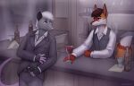 alcohol american_opossum anthro bar bartender bartending belt beverage bottle calm canid canine city classy clothing cocktail cocktail_glass container cup drinking drinking_glass duo ear_piercing electronics elegant ferox_(feroxdoon) feroxdoon fox genderfluid glass glass_container glass_cup hi_res lounge male male/male mammal marsupial night nonbinary_(lore) patecko phone piercing red_fox shelf sink smile smoke suit suit_jacket topwear true_fox vest virginia_opossum xander_(barleychee)