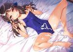  1girl bangs blue_bow blue_swimsuit blush bow breasts brown_eyes brown_hair bukkake cameltoe chocolate collarbone covered_navel cum cum_on_body cum_on_hair cum_on_lower_body feet hair_bow half_updo heart heart-shaped_pupils idolmaster idolmaster_cinderella_girls legs long_hair looking_at_viewer lying okina_ika on_back one-piece_swimsuit open_mouth parted_bangs small_breasts smile solo spread_legs strap_pull swimsuit symbol-shaped_pupils tachibana_arisu v 