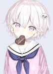  artist_name bangs black_shirt blue_background blue_neckwear candy capriccio chocolate chocolate_heart commentary_request eyebrows_visible_through_hair food food_in_mouth hair_between_eyes heart mouth_hold neckerchief original pink_sweater purple_eyes sailor_collar school_uniform serafuku shirt short_hair simple_background sweater translation_request upper_body valentine white_hair white_sailor_collar 