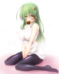  1girl alternate_costume bangs bare_shoulders black_legwear blush breasts candy chocolate chocolate_heart commentary_request eyebrows_visible_through_hair food food_in_mouth frog_hair_ornament green_hair hair_between_eyes hair_ornament heart highres kochiya_sanae large_breasts long_hair looking_at_viewer mouth_hold no_pants no_shoes osashin_(osada) pantyhose ribbed_sweater sidelocks sitting sleeveless_sweater snake_hair_ornament solo sweater thighs touhou turtleneck turtleneck_sweater v_arms wariza white_background white_sweater yellow_eyes 
