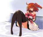  1girl ahoge bangs black_legwear blush breasts candy chocolate chocolate_heart chocolate_on_breasts cleavage dress fate/grand_order fate_(series) food fujimaru_ritsuka_(female) hair_ornament hair_ribbon heart large_breasts looking_at_viewer one_side_up orange_eyes orange_hair ribbon ruri_rarako short_dress short_hair sitting solo thighhighs 