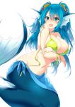  1girl absurdres bare_arms bare_shoulders bikini blue_eyes blue_hair blush bra breasts cleavage covering covering_breasts embarrassed fang green_bra hair_between_eyes highres large_breasts long_hair looking_at_viewer matsunoki_(unknown_751) mermaid monster_girl navel open_mouth original sarong solo swimsuit transparent_background twintails underwear untied untied_bikini 