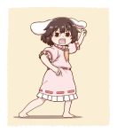  1girl @_@ animal_ears barefoot brown_hair bunny_ears carrot_necklace commentary dress full_body inaba_tewi looking_at_viewer looking_back open_mouth pink_background pink_dress poronegi puffy_short_sleeves puffy_sleeves short_hair short_sleeves simple_background solo standing touhou 