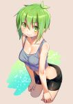  1girl bike_shorts black_shorts blue_tank_top breasts cleavage crop_top green_eyes green_hair hands_on_own_thighs highres leaning_forward midriff mitake_eiru original short_hair short_shorts shorts smile solo tank_top 