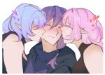  alternate_costume biting black_tank_top blush border cheek_biting closed_eyes commentary double_cheek_kiss elysia_(honkai_impact) elysia_(miss_pink_elf)_(honkai_impact) fu_hua fu_hua_(shadow_knight) girl_sandwich grey_hair hair_between_eyes heart herrscher_of_corruption highres honkai_(series) honkai_impact_3rd kiss kissing_cheek long_hair low-tied_long_hair pink_hair purple_hair sandwiched solrdawnart symbol-only_commentary tank_top white_background white_border yuri 