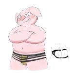  1:1 2018 anthro belly blush butt clothing domestic_pig japanese_text male mammal nanaki779 navel overweight overweight_male pink_body simple_background solo suid suina sus_(pig) text underwear white_background 