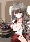  1girl ahoge bangs black_bra blueberry bra bra_peek bracelet breasts cake chocolate_cake cleavage collarbone collared_shirt commentary_request food fruit girls_frontline grey_hair hair_ornament hair_over_shoulder hair_scrunchie happy_valentine helianthus_(girls_frontline) highres jewelry large_breasts long_hair looking_at_viewer monocle scrunchie shirt solo strawberry take_(trude1945oneetyan) underwear upper_body valentine white_scrunchie white_shirt yellow_eyes 