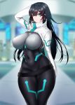  1girl aqua_eyes arm_behind_back belt black_hair bodysuit breasts commentary_request covered_navel covered_nipples dated gundam_build_divers_re:rise highres large_breasts long_hair may_(gundam_build_divers_re:rise) solo thighs twitter_username wide_hips xiangzi_box 