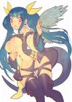  1girl blue_hair breasts commentary_request dizzy guilty_gear hair_ribbon long_hair looking_at_viewer navel red_eyes ribbon simple_background solo sutegoro tail thighhighs white_background wings yohane_shimizu 