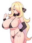  bikini blonde_hair blush breasts chro_(rulurullu) collarbone commentary_request curvy detached_sleeves fur_collar green_eyes highres huge_breasts long_hair micro_bikini navel pokemon shirona_(pokemon) swimsuit white_background 