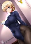  1girl :o bangs black_legwear blonde_hair blue_eyes blush braid breasts covered_navel covered_nipples cup darjeeling_(girls_und_panzer) dated dutch_angle eyebrows_visible_through_hair french_braid girls_und_panzer hair_between_eyes highleg highleg_leotard holding holding_cup impossible_clothes impossible_leotard kamogawa_tanuki large_breasts leotard long_sleeves looking_at_viewer pantyhose ribbed_leotard short_hair signature solo sweater teacup turtleneck_leotard twitter_username 