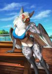  2017 5_fingers anthro arm_support avian beak big_breasts bikini biped blue_eyes blue_sky breasts claws clothed clothing day detailed_background digital_media_(artwork) feathered_wings feathers female fingers fur grey_body grey_fur gryphon hi_res jackrow looking_at_viewer non-mammal_breasts outside skimpy sky solo swimwear water white_body white_fur wings 