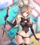  1girl animal_ears bangs black_panties blonde_hair blurry blurry_background blush bow breasts bug bunny_ears bunnysuit butterfly cat_ears cat_tail commission cowboy_shot dated elbow_gloves extra_ears eyebrows_visible_through_hair facial_mark final_fantasy final_fantasy_xiv gloves highres holding holding_staff insect large_breasts leotard looking_at_viewer midriff mii@chiffonx miqo&#039;te navel panties red_eyes signature smile solo staff tail thighhighs underwear 