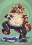  anthro bottomwear bovid canid canine caprine clothed clothing eyewear glasses goat hi_res hooves horn male male/male mammal merging multi_eye multi_head pants plantigrade raccoon_dog slightly_chubby standing tanuki the-b3ing tongue tongue_out topless torn_clothing 