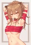  1girl animal_ear_fluff animal_ears arknights armpits arms_behind_head arms_up bangs blush breasts brown_eyes brown_hair candy chocolate chocolate_heart collarbone commentary english_commentary food hair_between_eyes heart highres long_hair looking_at_viewer medium_breasts mouth_hold naked_ribbon navel ponytail red_ribbon reiji-rj ribbon siege_(arknights) simple_background solo upper_body valentine 