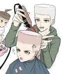  1girl 2boys :d :o ahoge alternate_hairstyle blush bow brown_eyes choso_giving_toudou_a_haircut_(meme) danganronpa_(series) danganronpa_2:_goodbye_despair ear_bow galaga green_jacket hair_ornament hairdressing hinata_hajime holding_razor hood hood_down hooded_jacket jacket kmnm_1403 komaeda_nagito meme monomi_(danganronpa) multiple_boys nanami_chiaki open_clothes open_jacket pink_eyes razor scar scar_on_face scar_on_forehead smile sparkle teeth upper_teeth_only 