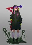  1girl bare_legs black_nails fingernails gradient gradient_background hair_over_eyes halfway highres hood hood_up jacket long_hair long_jacket original parted_lips pink_hair red_skin shaded_face sleeve_rolled_up solo standing yellow_eyes 