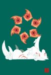  amaterasu black_eyes black_nose canid canine canis capcom deity eye_markings facial_markings feral fur green_background head_markings leg_tuft lying mammal markings on_back red_markings rikuta_tp side_view simple_background solo tuft video_games white_body white_fur wolf ōkami 