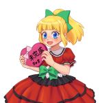  1girl :d alternate_costume bangs blonde_hair blunt_bangs blush bow box dress gift gift_box hair_bow heart heart-shaped_box high_ponytail holding holding_gift long_hair open_mouth ponytail red_dress ribbon rockman rockman_(classic) roll sidelocks simple_background smile solo source_request valentine white_background 