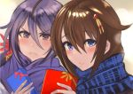  2girls ahoge akebono_(kantai_collection) bell black_hair blue_eyes blue_scarf box braid commentary_request eureka_(eureka-0075) flower hair_bell hair_flaps hair_flower hair_ornament hair_over_shoulder heart jingle_bell kantai_collection long_hair multiple_girls plaid plaid_scarf purple_eyes purple_hair purple_scarf remodel_(kantai_collection) scarf shigure_(kantai_collection) side_ponytail single_braid upper_body very_long_hair 