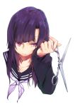  1girl closed_mouth collarbone face fingernails halfway holding holding_scissors long_hair original purple_eyes purple_hair school_uniform scissors simple_background sleeves_past_wrists solo white_background 