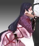  1boy 1girl absurdres arm_guards bangs black_hair blush bodysuit breasts censored covered_nipples curvy erection fate/grand_order fate_(series) fingerless_gloves from_side gloves highres kneeling large_breasts licking_lips loincloth long_hair low-tied_long_hair mimyo minamoto_no_raikou_(fate/grand_order) mosaic_censoring pants_down parted_bangs penis pubic_hair purple_bodysuit purple_eyes purple_hair ribbed_sleeves rope tabard tongue tongue_out very_long_hair 
