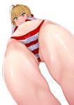  1girl bikini fate/extra fate/grand_order fate_(series) from_below hair_intakes halterneck highres nero_claudius_(fate)_(all) nero_claudius_(swimsuit_caster)_(fate) sikijou77o simple_background solo striped striped_bikini swimsuit white_background 