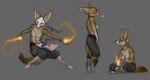  2015 anthro blue_eyes bottomwear breasts canid canine clothed clothing female fennec fire fox fur grey_background group ipoke magic mammal mask navel nipples pants simple_background sitting solo standing tan_body tan_fur topless 