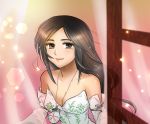  0014go 1girl breasts brown_eyes brown_hair cleavage curtains dress final_fantasy final_fantasy_ix garnet_til_alexandros_xvii highres jewelry long_hair looking_at_viewer low-tied_long_hair necklace smile solo window 