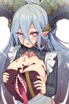  +_+ 1girl :o blue_hair blush braid breasts candy chocolate chocolate_heart chocolate_on_breasts commentary_request fang fate/grand_order fate_(series) food hair_between_eyes heart horns lahmu large_breasts long_hair looking_at_viewer mou_tama_maru mouth pink_eyes solo teeth tiamat_(fate/grand_order) tongue tongue_out upper_body valentine white_background 