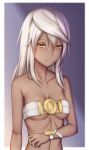  1girl abs beltbra breasts closed_mouth commentary_request dark_skin guilty_gear guilty_gear_xrd highres long_hair looking_at_viewer muscle muscular_female orange_eyes ramlethal_valentine simple_background solo soukitsu white_hair 