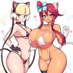  2girls animal_ears asymmetrical_docking bikini black_gloves blonde_hair blue_eyes blush breast_press breasts cat_ears cat_tail choker chro_(rulurullu) clenched_hand collarbone commentary_request curvy fuuro_(pokemon) gloves hand_on_hip headgear heart highres huge_breasts kamitsure_(pokemon) medium_breasts micro_bikini multiple_girls open_mouth pokemon red_hair ribbon_choker star swimsuit tail white_background white_gloves 