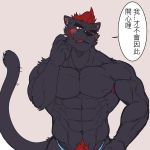  1:1 2020 abs anthro armpit_hair biceps black_body black_fur black_nose body_hair chinese_text dialogue eurobeat felid fur hi_res humanoid_hands kakula kemo_coliseum male mammal melanistic muscular muscular_male nipples pantherine pecs pubes red_fursolo solo text translation_request 