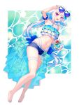  1girl :d abstract_background adjusting_eyewear aqua_background arm_garter arm_up armpits back_bow bare_legs bare_shoulders barefoot bikini black-framed_eyewear blue-tinted_eyewear blue_bikini blue_bow blue_flower blue_hair blue_hawaii blue_nails blue_overskirt blunt_bangs blush border bow cocktail collarbone colored_inner_hair cup drinking_straw eyelashes eyewear_on_head flipped_hair flower frilled_bikini frills full_body hair_flower hair_ornament heart heart-shaped_eyewear hibiscus highres holding holding_cup knees_together_feet_apart kutori_pan'ya lace-trimmed_shorts lace_trim lize_helesta long_hair looking_at_viewer low_ponytail lying multicolor-tinted_eyewear multicolored_hair nail_polish navel nijisanji on_side open_mouth outside_border oversized_eyewear overskirt purple-tinted_eyewear purple_eyes reclining see-through_overskirt short_shorts shorts sidelocks skindentation smile solo sunglasses swimsuit thigh_strap tinted_eyewear two-tone_hair very_long_hair virtual_youtuber water white_bikini white_border white_hair 