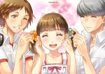  1girl 2boys :d bangs blush brown_hair closed_eyes collarbone collared_shirt doujima_nanako dress_shirt facing_viewer flower grey_flower hair_flower hair_ornament hanamura_yousuke headphones headphones_around_neck highres multiple_boys narukami_yuu open_mouth orange_flower parted_bangs persona persona_4 pink_ribbon ribbon sato-pon shiny shiny_hair shirt short_hair silver_hair sleeveless smile swept_bangs twintails twitter_username white_shirt wing_collar 