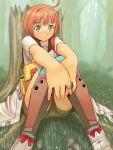  1girl ahoge bandaid bandaid_on_finger bow eyebrows_visible_through_hair grass green_eyes itou_(onsoku_tassha) jacket knees_together_feet_apart knees_up looking_at_viewer medic_(sekaiju) nature open_clothes orange_hair outdoors outstretched_arms red_bow sekaiju_no_meikyuu shoe_bow shoes short_hair sitting smile solo striped striped_legwear thighhighs tree white_footwear 