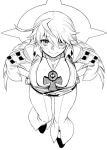  1girl ahoge ankh bodysuit breasts cleavage closed_mouth dr.p gloves guilty_gear guilty_gear_xrd halo jack-o&#039;_valentine long_hair looking_at_viewer monochrome simple_background smile solo white_background 
