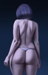  1girl arms_at_sides ass black_background blue_background commentary dimples_of_venus from_behind gradient gradient_background hairband oliverror purple_hair red_hairband skindentation solo thighs thong topless 