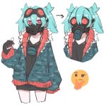  1girl aqua_hair black_gloves camouflage collarbone emoji gas_mask gloves goggles goggles_on_head hair_between_eyes highres jacket long_hair original red-tinted_eyewear red_eyes simple_background sketch sleeves_past_wrists solo thinking_emoji twintails white_background zizi_niisan 