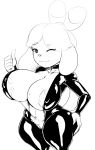  animal_crossing anthro big_breasts black_and_white breasts canid canine canis choker clothed clothing domestic_dog female genitals gesture hi_res huge_breasts isabelle_(animal_crossing) jewelry mammal monochrome necklace nintendo one_eye_closed pubes pussy rubber shih_tzu simple_background solo thecon thick_thighs thumbs_up toy_dog video_games white_background wink 